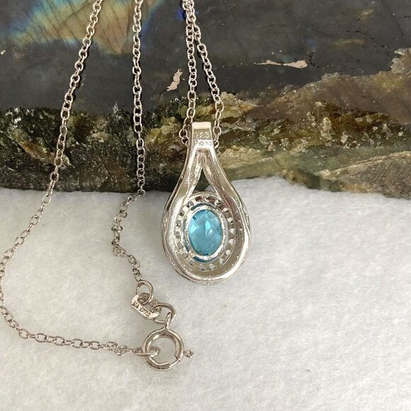Sterling Silver 925 P☆M Oval Blue Topaz White Topaz Double Halo Pendant Necklace - Picture 11 of 16